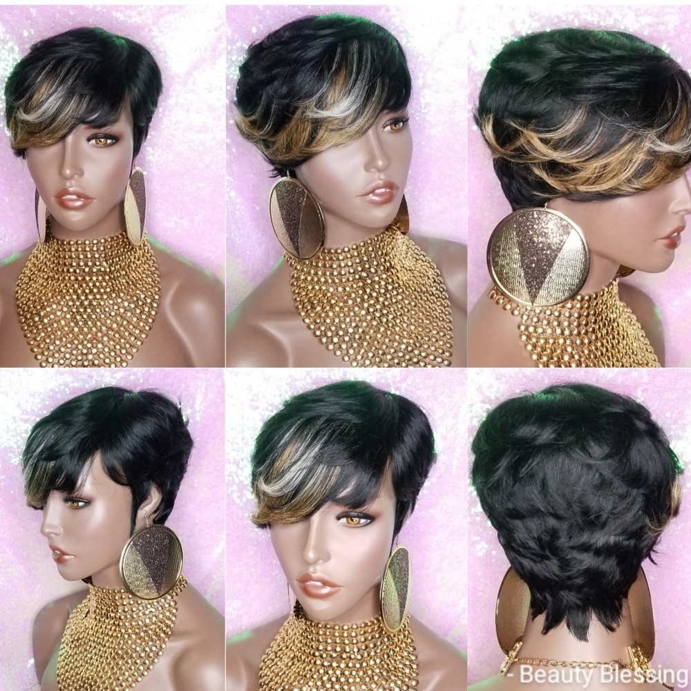 WIG Pixie Cut Remy Human Hair Swoop Bang Wig